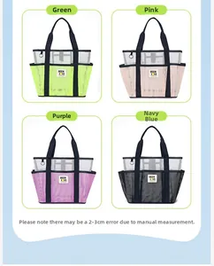 Mesh beach tote bags in green, pink, purple, and navy blue with multiple exterior pockets