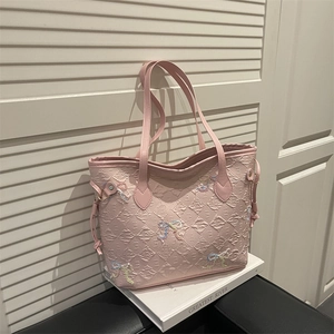 Women Embroidered Bow Rhombic Quilted Tote Bag Large Capacity PU Leather Shoulder Underarm Bag For Commute Leisure