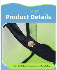 Close-up of beach tote safety buckle featuring durable black webbing and neon green mesh