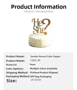Gender Reveal He or She cake topper with blue and pink bows on gold glitter paper