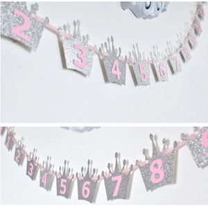 Guirlande de couronnes pailletées argentées avec chiffres roses 1-12 pour anniversaire