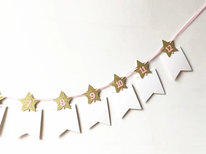 Détail de bannière photo avec étoiles pailletées roses et dorées pour premier anniversaire