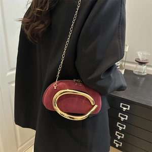 Women Luxury Suede-Like Evening Bag Large Metal Handle Fashion Chain Strap Crossbody Handbag Stylish Party Purse
