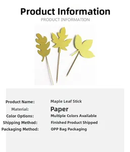 Close-up of gold glitter maple leaf cake toppers with premium paper texture and sticks
