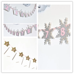 Bannière Photo Premier Anniversaire Bébé Étape Mensuelle Étoile Flocon Couronne Pailletée Guirlande Papier avec Clips Décoration
