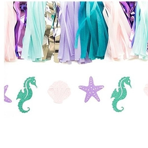 Guirlande sirène pour fête avec pompons, hippocampe et étoile de mer scintillants