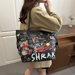 Sac Cabas Femme Grande Capacité en Cuir PU Imprimé Graffiti Ours de Dessin Animé Sac à Main Bandoulière Travail École
