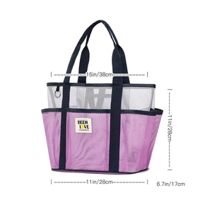 Large mesh beach tote bag with multiple pockets in purple and white, 38x28x17cm