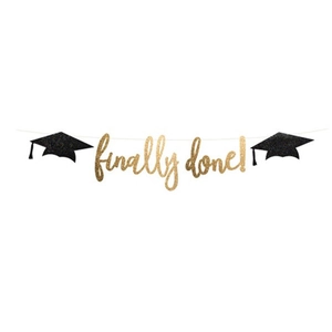 Striscione di laurea 'finally done!' in oro champagne con decorazioni a tocco nero