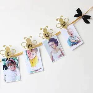Striscione fotografico glitterato a tema ape per primo compleanno con numeri 9-12