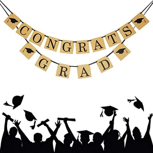 Set di striscioni per festa di laurea Congrats Grad con lettere nere e icone tocco