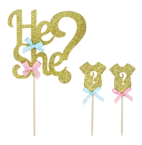 Détail des décorations de gâteau He or She avec paillettes et nœuds pour Gender Reveal