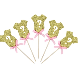 Lot de 5 décorations pour cupcakes en forme de vêtements bébé à paillettes dorées avec nœuds roses