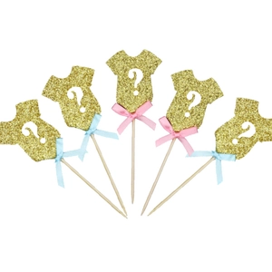 Lot de 5 décorations de gâteau body pailleté doré avec nœuds roses et bleus pour baby shower