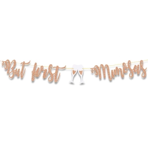 Rose gold glitter banner featuring 'But first Mimosas' text with champagne glasses silhouettes