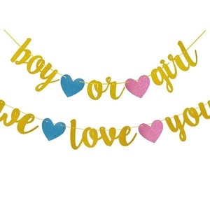 Banderole pailletée Boy or Girl pour baby shower avec texte We Love You et cœurs