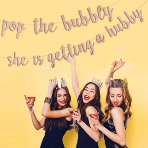 Rose gold glitter Pop The Bubbly banner for bachelorette parties and bridal showers
