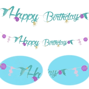 Banderole de Joyeux Anniversaire Sirène avec décors d'hippocampe et de coquillages