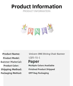 Detail view of unicorn theme first birthday high chair banner with ONE text and specs