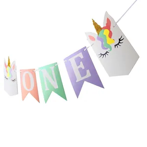 Unicorn first birthday high chair banner with gold glitter and ONE letter signs