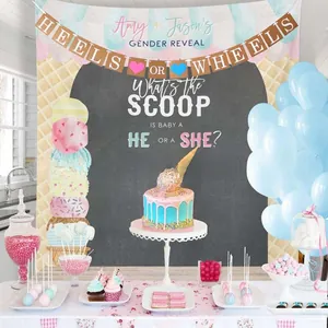 Detail of Heels or Wheels gender reveal backdrop with pink and blue ice cream theme