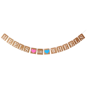Retro kraft paper Heels or Wheels gender reveal banner with pink and blue heart accents