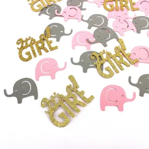 Pink and grey elephant confetti set with golden It's a Girl lettering for baby shower