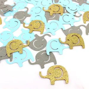 Elephant paper confetti in light blue, grey and gold glitter for baby shower decor