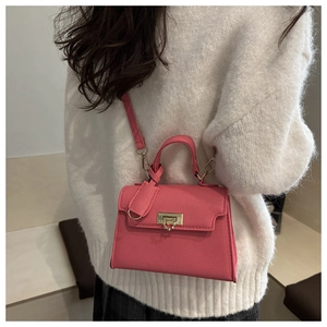 Detail der pinkfarbenen Lederhandtasche mit goldenem Schloss und kleiner Zubehörtasche