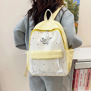 Sweet Polka Dot Color Block Nylon Backpack For Women Kawaii Cartoon Student School Bag With Transparent Pocket Travel Daypack