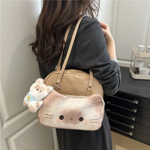 Cute Cat Plush Pocket PU Leather Crossbody Bag Japanese Style Khaki Handbag Convertible Backpack For Women Casual Daily Bag