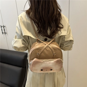 Chic khaki mini cat-shaped backpack for women featuring cute 3D ears and plush front pocket