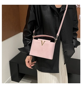 Nahaufnahme der rosa Wildleder Umhängetasche mit goldenem V-Logo und schicken Lederriemen