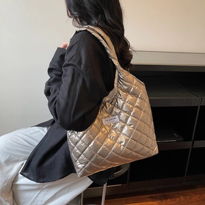 Quilted Shoulder Bag Puffy Rhombic Metallic Shiny Tote Large Capacity Casual Fashion Instinct Winter For Women