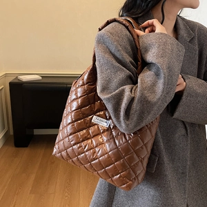 Winter brown quilted puffer tote bag with diamond stitching and large capacity for women