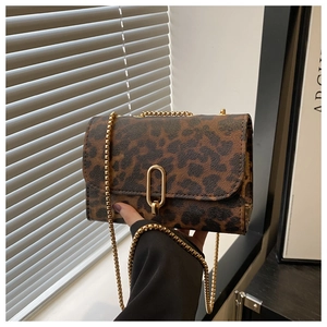 Close-up of leopard print crossbody bag with gold chain strap and oval ring clasp