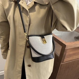 Fashion PU Leather Canvas Splicing Bucket Bag For Women Retro Color Block Shoulder Bag With Gold Metal Lock Crossbody Bag