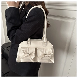 Creamy white PU leather underarm bag with bow decoration and double front pockets