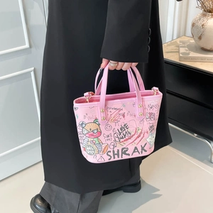 Sac fourre-tout graffiti rose avec imprimé ours de dessin animé et détails dorés chic