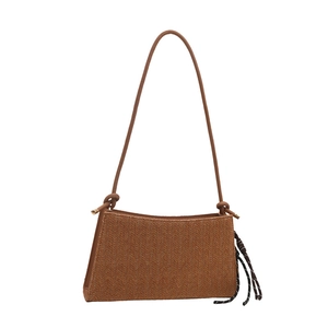 Brown woven shoulder bag with V-pattern texture and stylish knotted leather strap detail