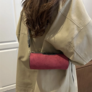 Women Vintage Cylinder Crossbody Bag With Retro Ethnic Wide Shoulder Strap PU Leather Suede Fabric Barrel Bag Casual Shoulder Bag For Women