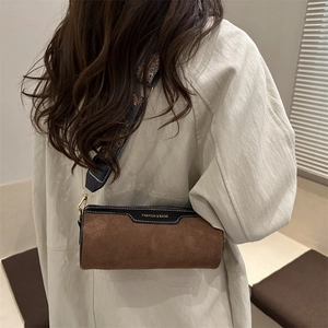 Brown frosted suede cylinder crossbody bag with stylish ethnic printed wide strap