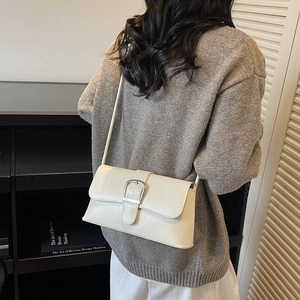 Vintage French Style PU Leather Baguette Bag For Women With Large Silver Square Buckle Shoulder Crossbody Bag Versatile