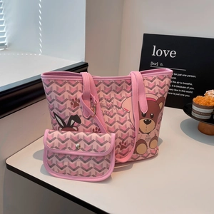 Cartoon Bear Print PU Leather Large Tote Bag And Matching Pouch Geometric Pattern Trendy Casual Shoulder Handbag For Women