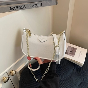 Women Retro Lychee Texture PU Leather Underarm Bag With Gold Chain Strawberry Charm Small Shoulder Crossbody Bag For Daily Travel