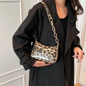 Leopard print faux leather shoulder bag with chain strap and shiny glossy finish