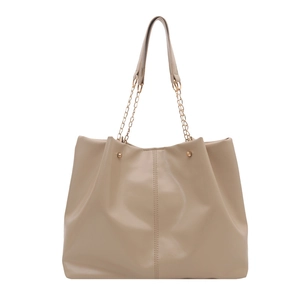 Large khaki faux leather tote bag with stylish gold chain strap handles for women