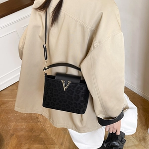 Leopard print crossbody handbag with gold V-metal decor and adjustable shoulder strap
