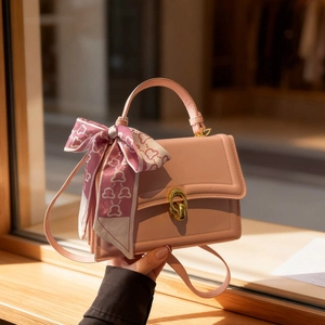Women Synthetic Leather Small Square Bag With Decorative Scarf Handle Minimalist Fashion Crossbody Shoulder Bag Lady Satchel Bag
