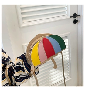 Detailed macro of a colorful umbrella-shaped crossbody bag with multi-color stitching
